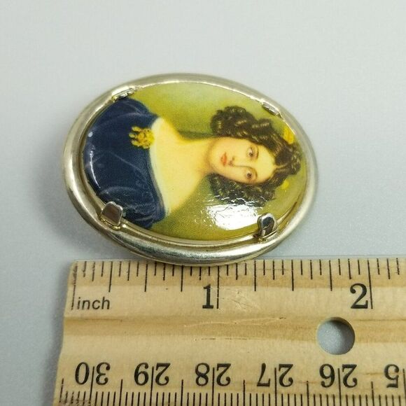 Vintage Portrait of Woman in Blue Dress Oval Brooch, Transfer Print Retro Estate - Picture 4 of 6